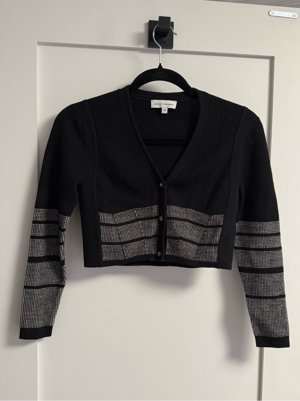 Narciso Rodriguez Black Cropped Cardigan with Silver-Effect Stripes